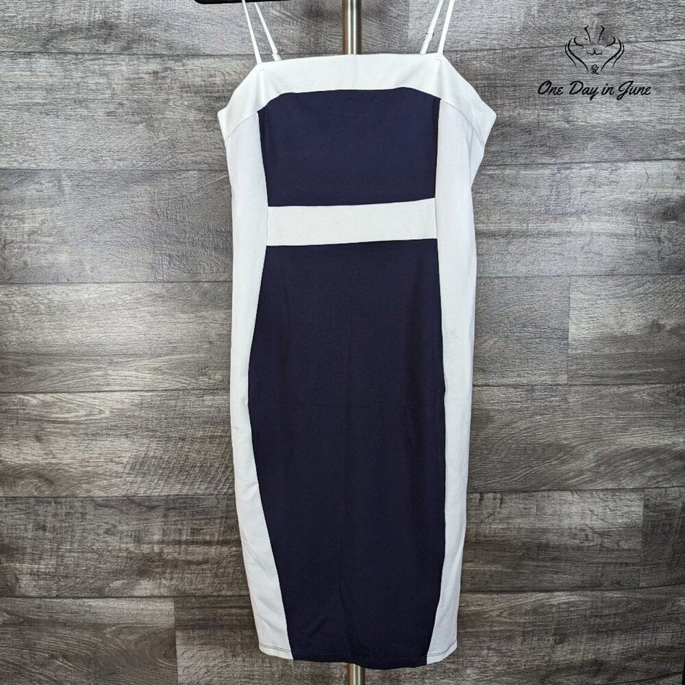 bebe Color Block Ponte Midi Bodycon Dress Navy White NWT Size L
